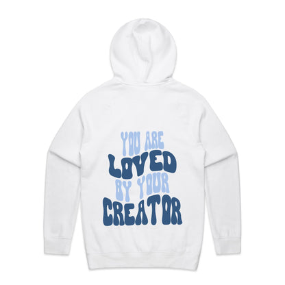 Christian hoodie with bold, wavy text on the back reading “You are LOVED by your CREATOR” in layered light and dark blue lettering. A comforting, gospel-centered design by Lighthouse Christian Clothing, reminding wearers of their unshakable identity and worth in the eyes of their Creator.