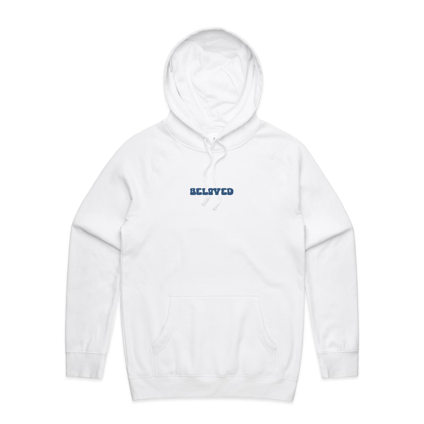 Christian hoodie from Lighthouse Christian Clothing, featuring the word “Beloved” in bold, wavy dark blue text across the chest — a simple yet powerful reminder of your identity in Christ.
