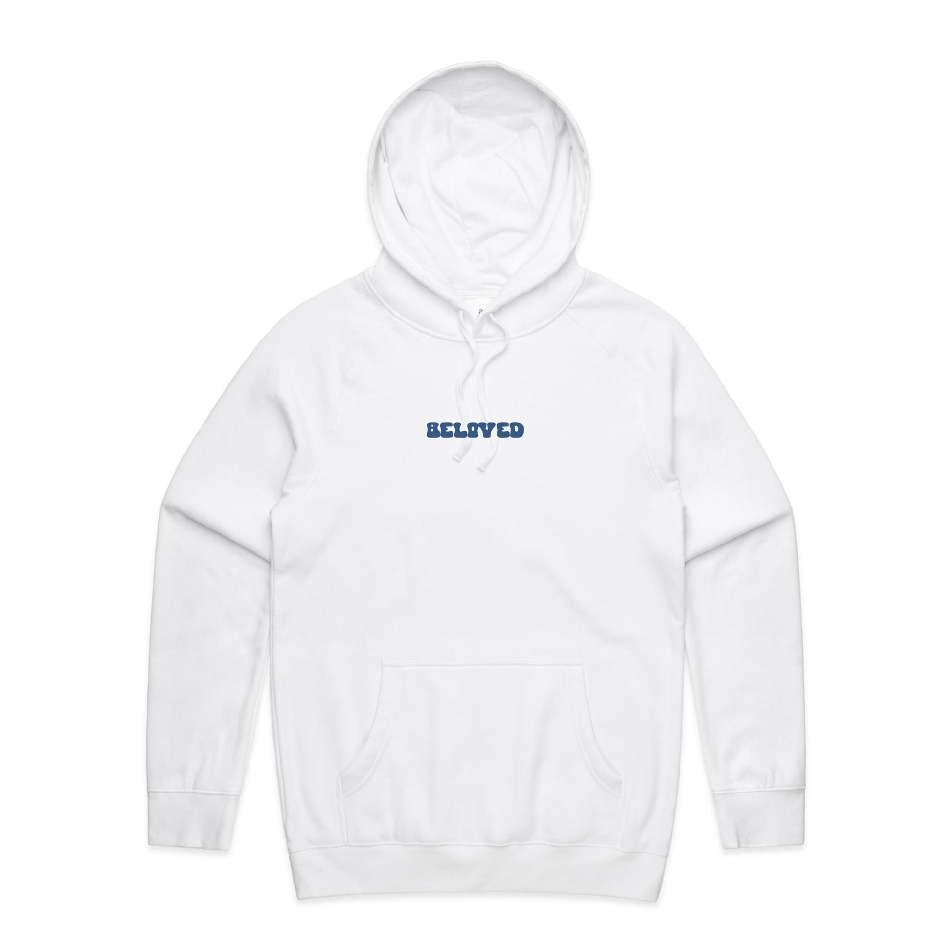 Christian hoodie from Lighthouse Christian Clothing, featuring the word “Beloved” in bold, wavy dark blue text across the chest — a simple yet powerful reminder of your identity in Christ.