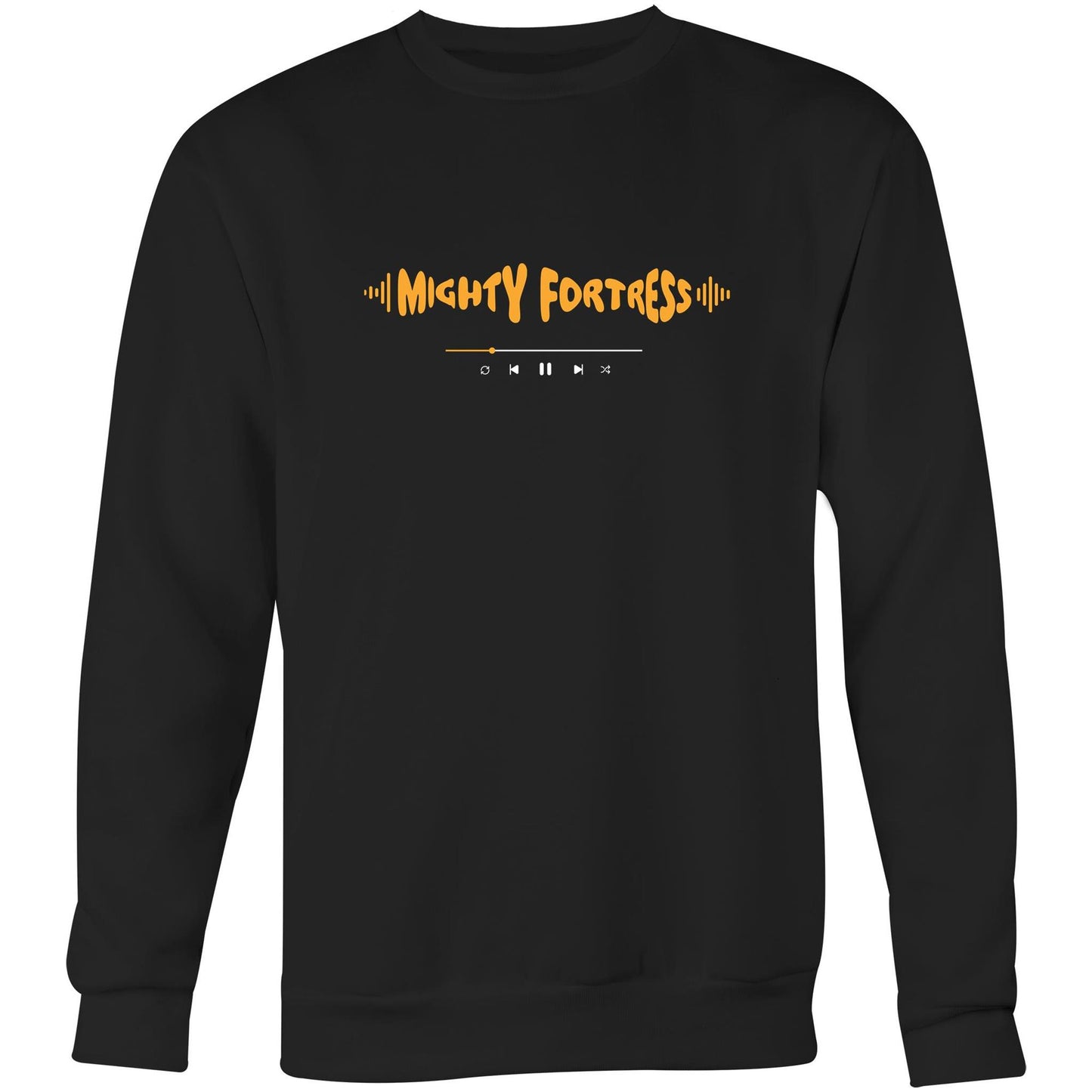 Black Christian crewneck sweatshirt with orange “MIGHTY FORTRESS” text in a sound wave style and a music play bar printed beneath it on the chest.