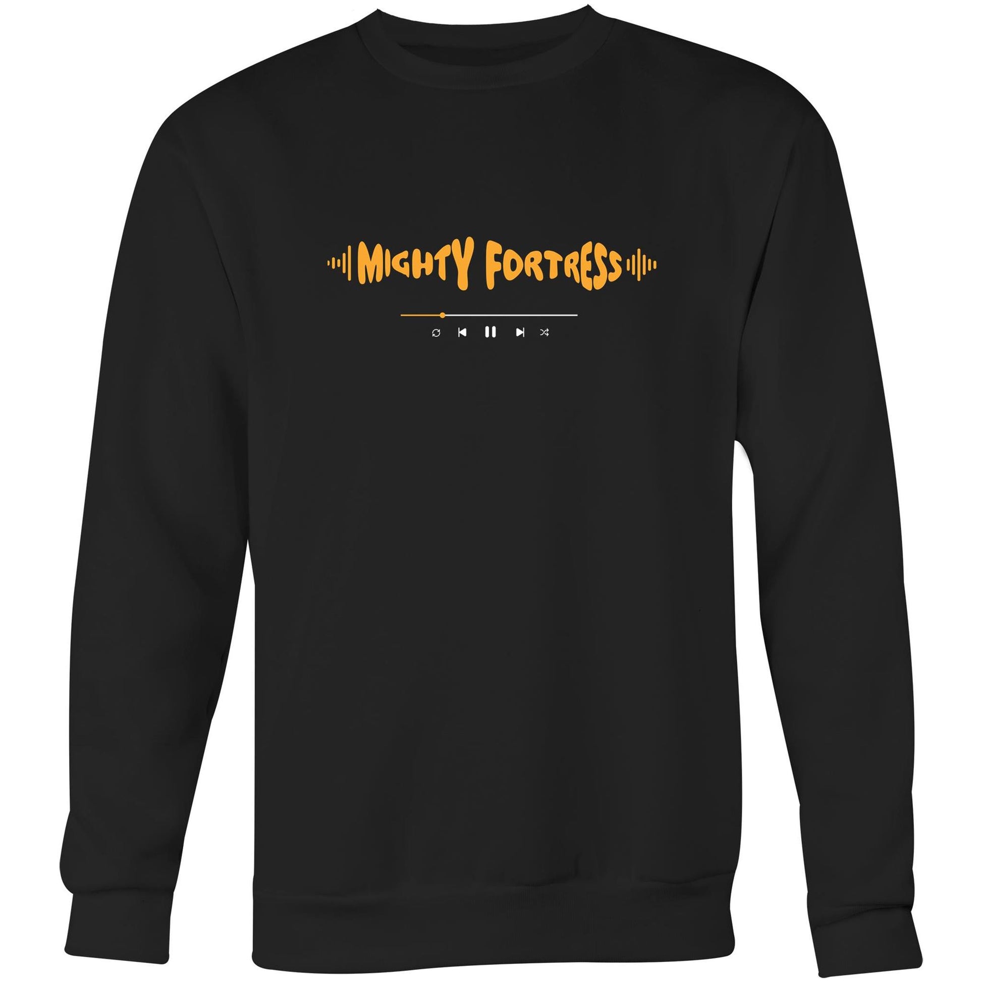Black Christian crewneck sweatshirt with orange “MIGHTY FORTRESS” text in a sound wave style and a music play bar printed beneath it on the chest.