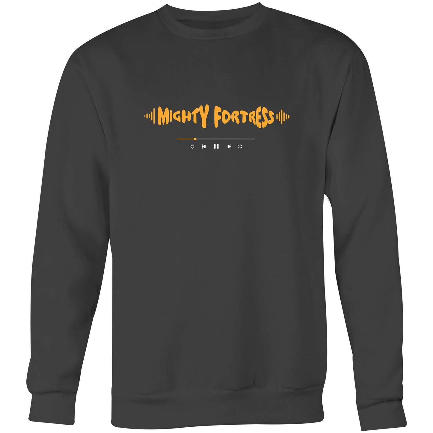 Coal Christian crewneck sweatshirt with orange “MIGHTY FORTRESS” text in a sound wave style and a music play bar printed beneath it on the chest.