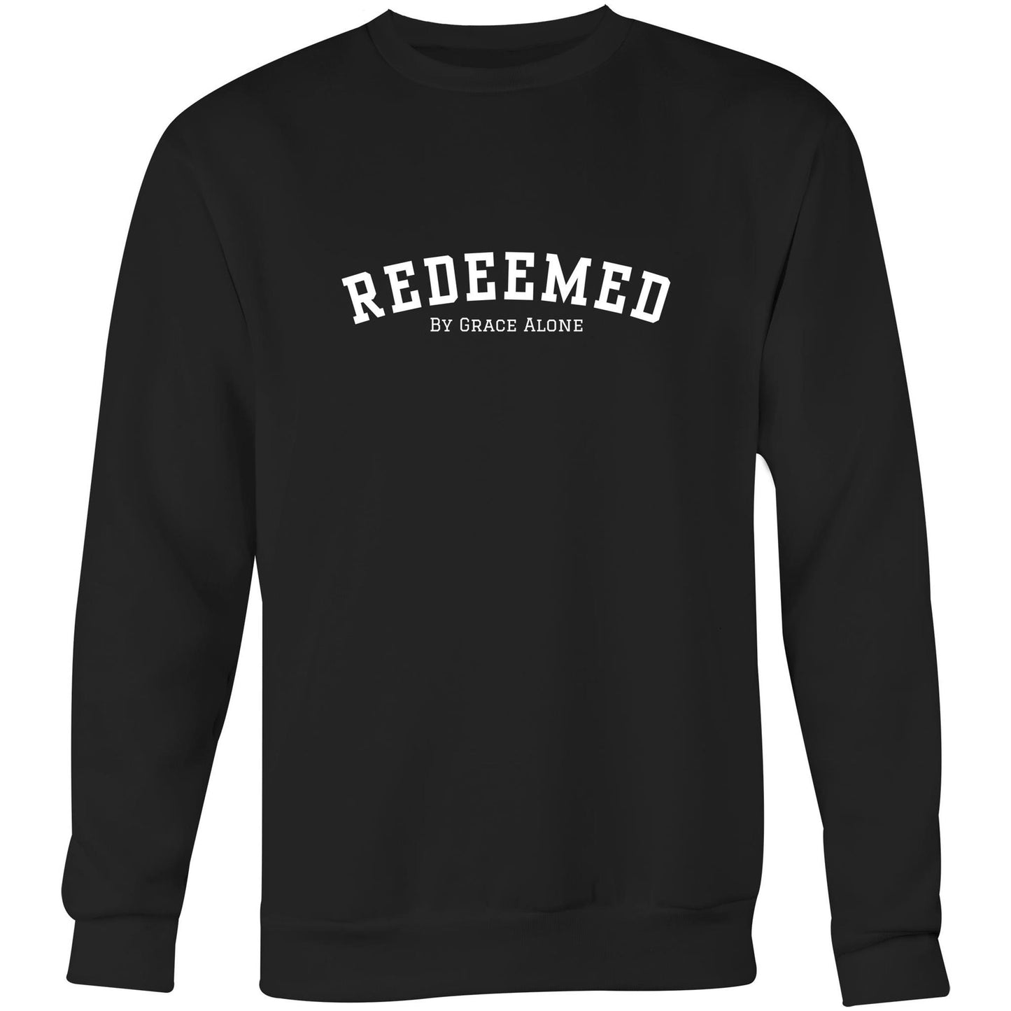 Black Christian crewneck sweatshirt with bold black “REDEEMED” text and smaller “BY GRACE ALONE” printed beneath it on the chest.