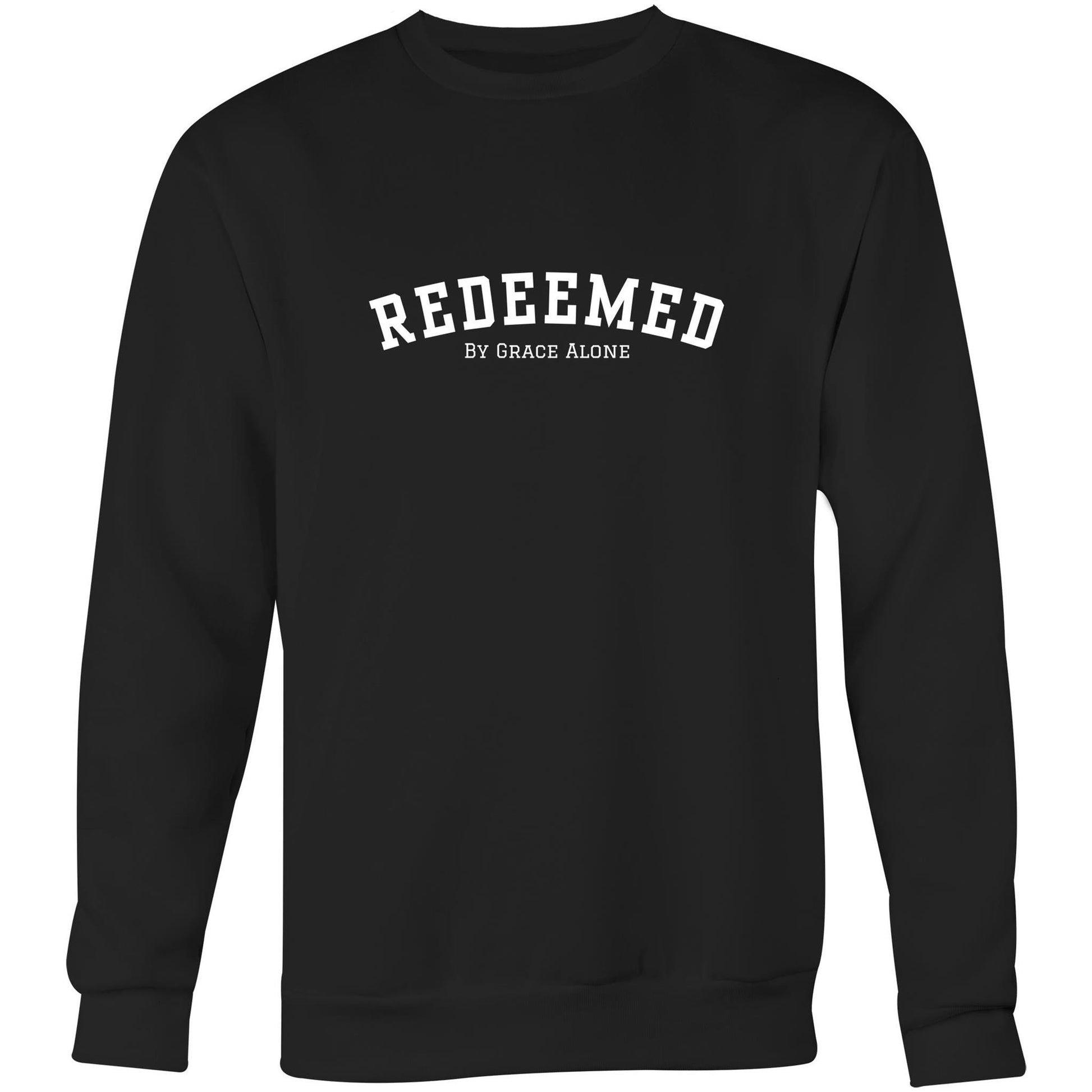 Black Christian crewneck sweatshirt with bold black “REDEEMED” text and smaller “BY GRACE ALONE” printed beneath it on the chest.