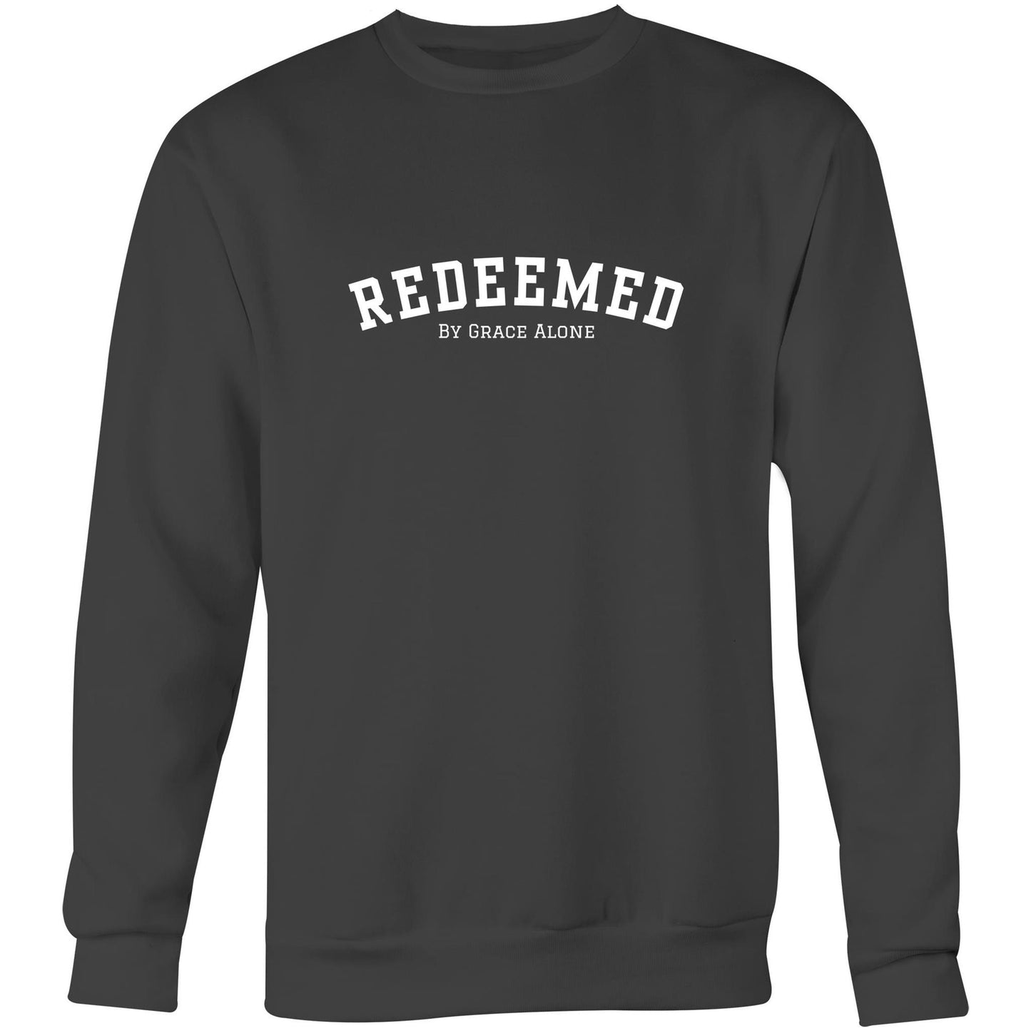 Coal Christian crewneck sweatshirt with bold black “REDEEMED” text and smaller “BY GRACE ALONE” printed beneath it on the chest.