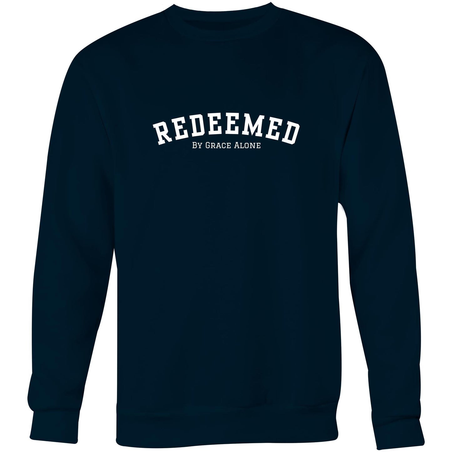 Navy Christian crewneck sweatshirt with bold black “REDEEMED” text and smaller “BY GRACE ALONE” printed beneath it on the chest.