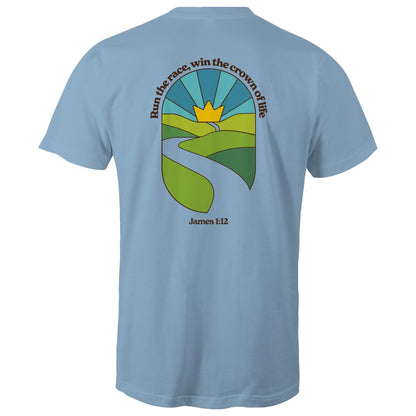 Christian graphic t-shirt featuring a stained-glass style illustration of rolling green hills leading into a golden crown in the sky, framed by the words “Run the race, win the crown of life” and James 1:12. Designed by Lighthouse Christian Clothing to inspire faith and perseverance.