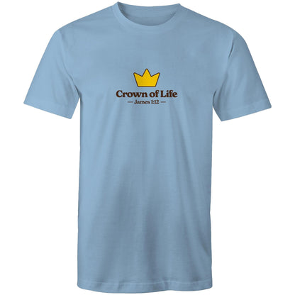 Christian t-shirt front featuring a golden crown and the words “Crown of Life – James 1:12” on the chest. A simple yet powerful design by Lighthouse Christian Clothing, pointing to eternal hope and reward.