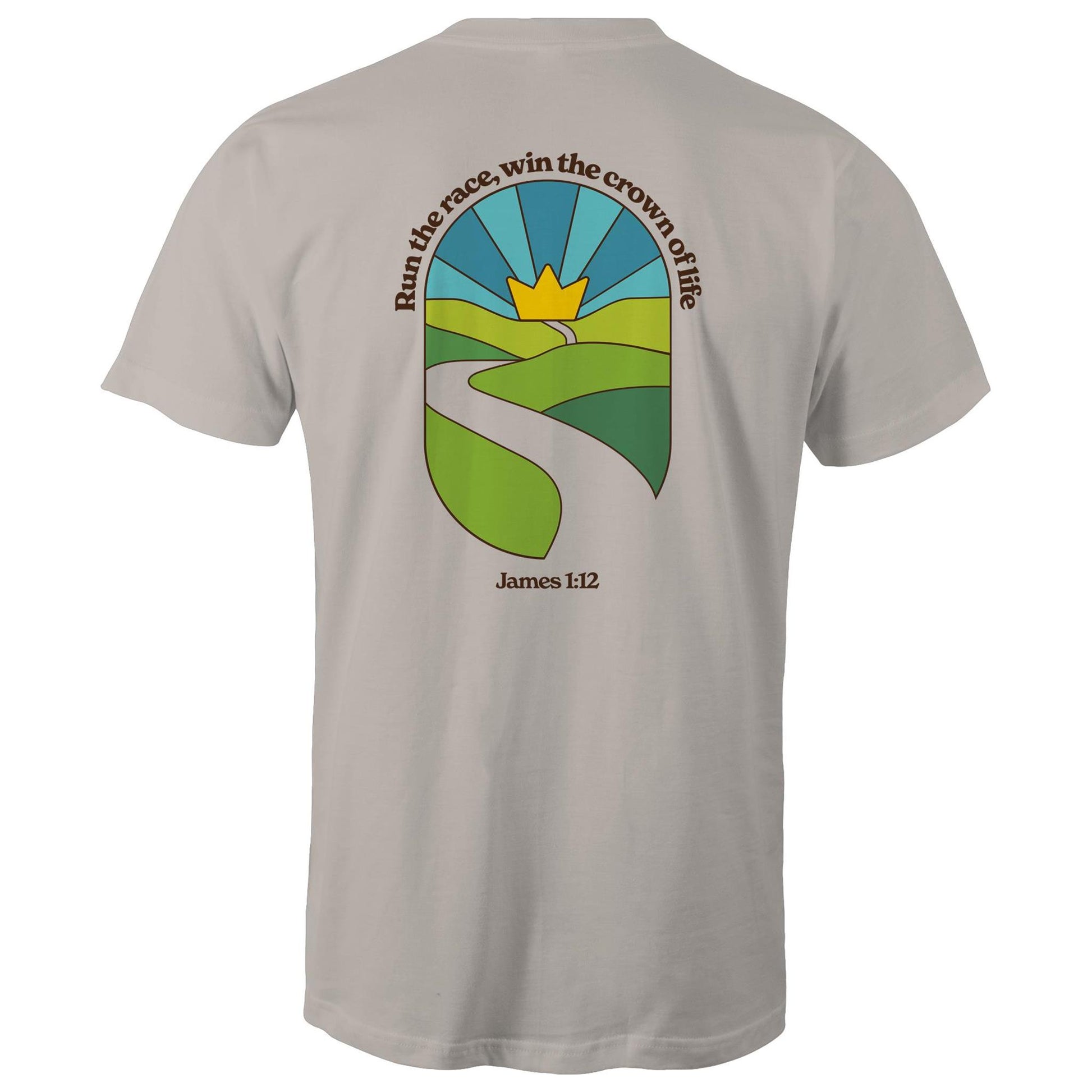 Christian graphic t-shirt featuring a stained-glass style illustration of rolling green hills leading into a golden crown in the sky, framed by the words “Run the race, win the crown of life” and James 1:12. Designed by Lighthouse Christian Clothing to inspire faith and perseverance.