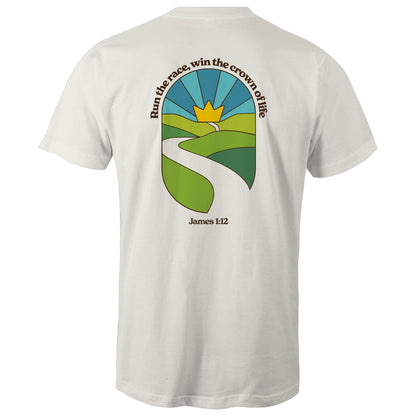 Christian graphic t-shirt featuring a stained-glass style illustration of rolling green hills leading into a golden crown in the sky, framed by the words “Run the race, win the crown of life” and James 1:12. Designed by Lighthouse Christian Clothing to inspire faith and perseverance.
