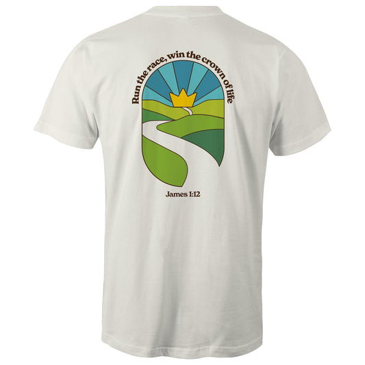 Christian graphic t-shirt featuring a stained-glass style illustration of rolling green hills leading into a golden crown in the sky, framed by the words “Run the race, win the crown of life” and James 1:12. Designed by Lighthouse Christian Clothing to inspire faith and perseverance.