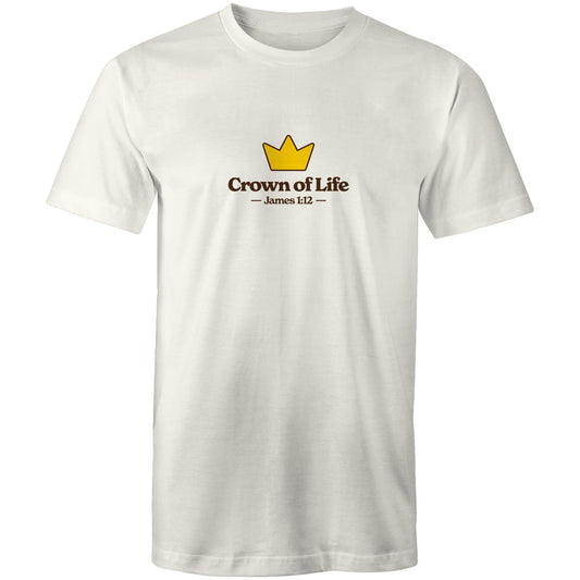 Christian t-shirt front featuring a golden crown and the words “Crown of Life – James 1:12” on the chest. A simple yet powerful design by Lighthouse Christian Clothing, pointing to eternal hope and reward.