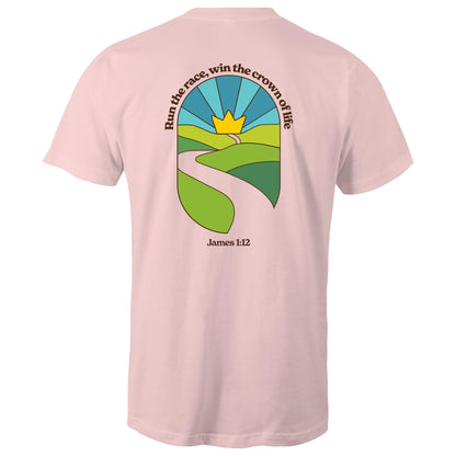 Christian graphic t-shirt featuring a stained-glass style illustration of rolling green hills leading into a golden crown in the sky, framed by the words “Run the race, win the crown of life” and James 1:12. Designed by Lighthouse Christian Clothing to inspire faith and perseverance.