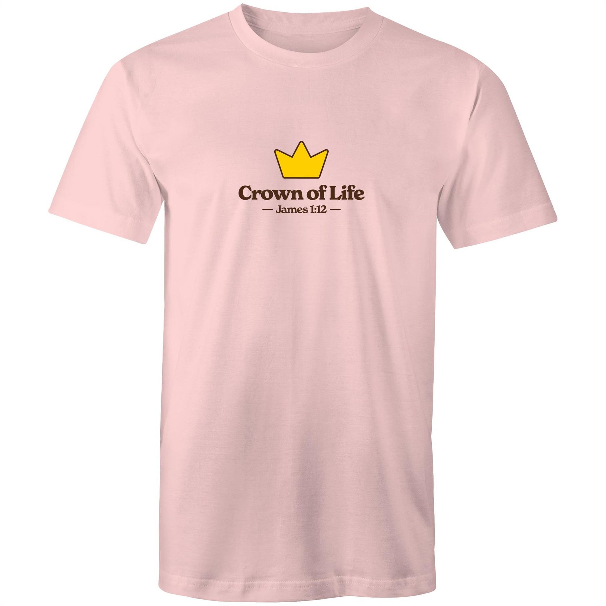 Christian t-shirt front featuring a golden crown and the words “Crown of Life – James 1:12” on the chest. A simple yet powerful design by Lighthouse Christian Clothing, pointing to eternal hope and reward.