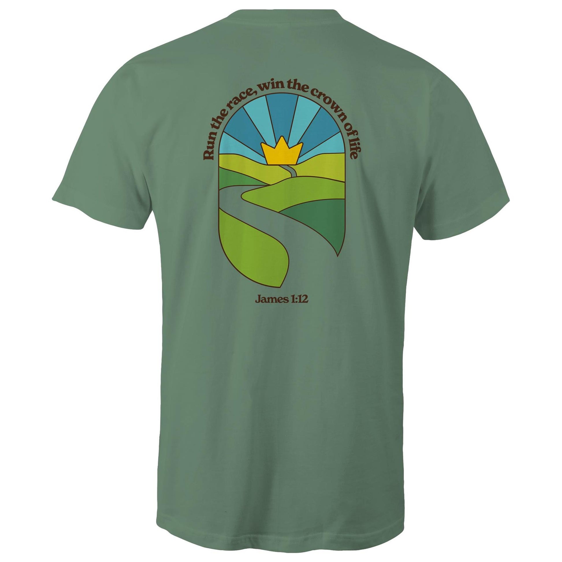 Christian graphic t-shirt featuring a stained-glass style illustration of rolling green hills leading into a golden crown in the sky, framed by the words “Run the race, win the crown of life” and James 1:12. Designed by Lighthouse Christian Clothing to inspire faith and perseverance.