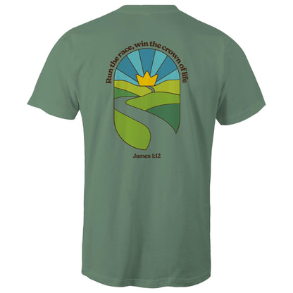 Christian graphic t-shirt featuring a stained-glass style illustration of rolling green hills leading into a golden crown in the sky, framed by the words “Run the race, win the crown of life” and James 1:12. Designed by Lighthouse Christian Clothing to inspire faith and perseverance.