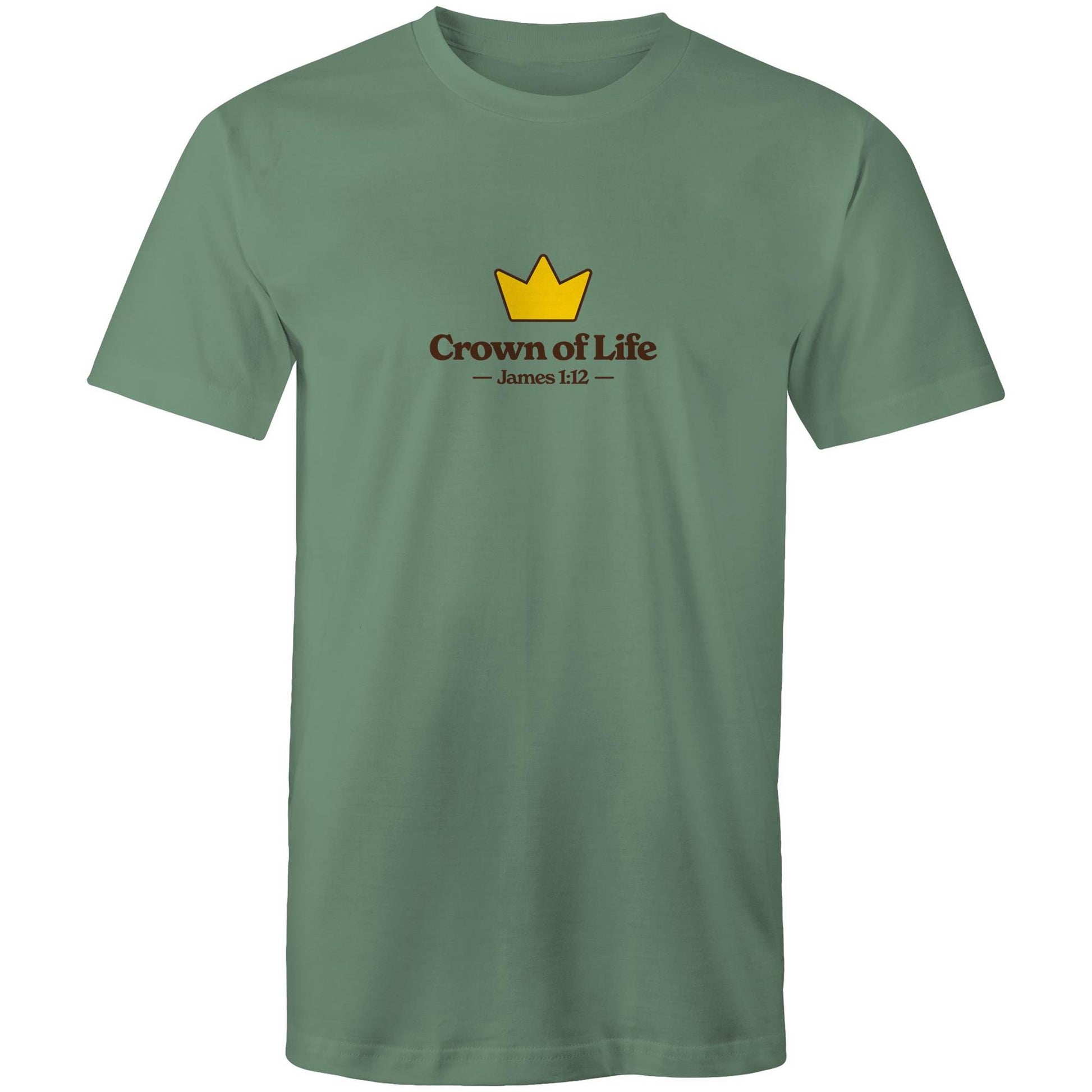 Christian t-shirt front featuring a golden crown and the words “Crown of Life – James 1:12” on the chest. A simple yet powerful design by Lighthouse Christian Clothing, pointing to eternal hope and reward.