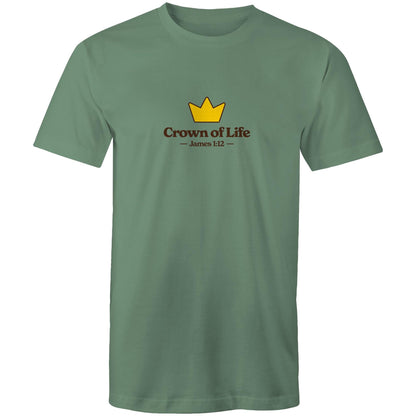 Christian t-shirt front featuring a golden crown and the words “Crown of Life – James 1:12” on the chest. A simple yet powerful design by Lighthouse Christian Clothing, pointing to eternal hope and reward.