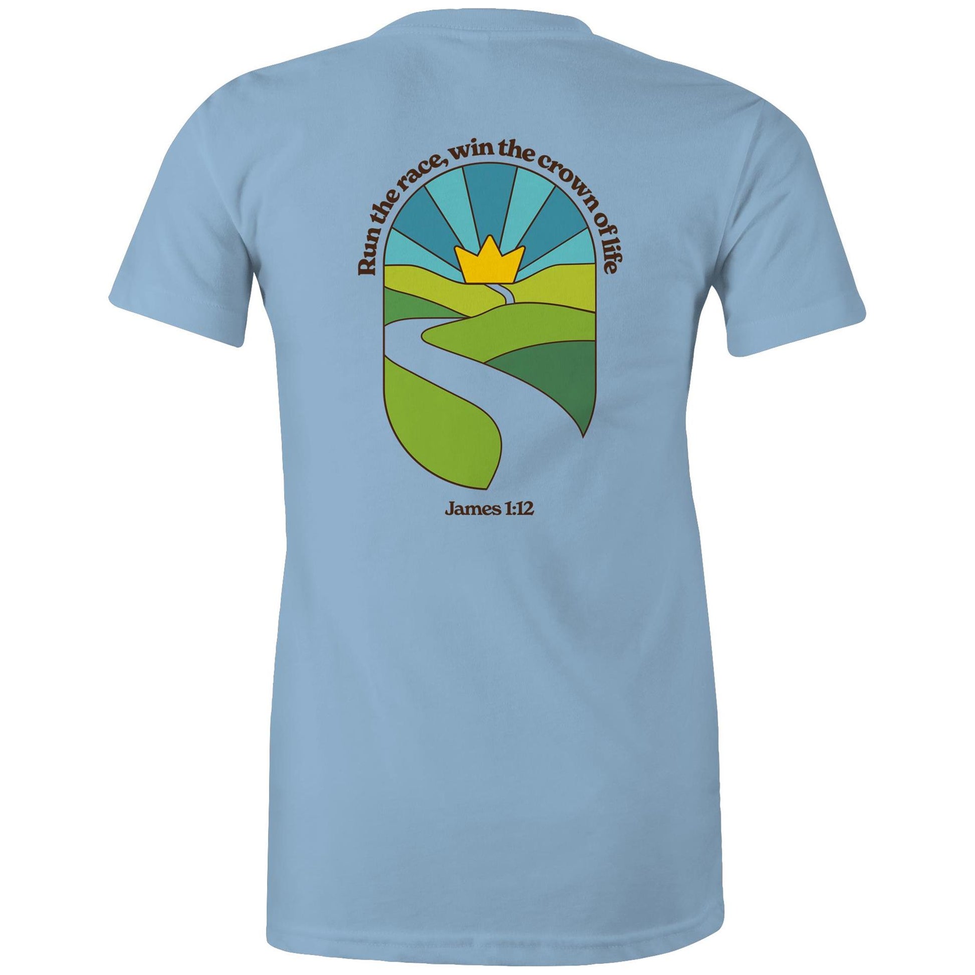 Christian graphic t-shirt featuring a stained-glass style illustration of rolling green hills leading into a golden crown in the sky, framed by the words “Run the race, win the crown of life” and James 1:12. Designed by Lighthouse Christian Clothing to inspire faith and perseverance.