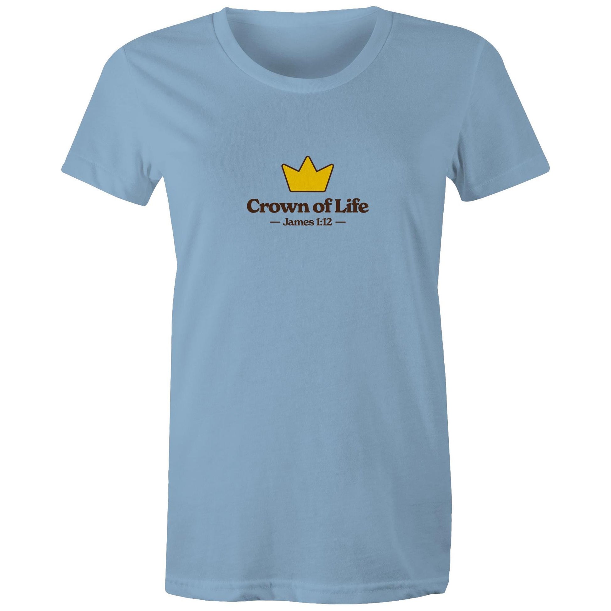 Christian t-shirt front featuring a golden crown and the words “Crown of Life – James 1:12” on the chest. A simple yet powerful design by Lighthouse Christian Clothing, pointing to eternal hope and reward.
