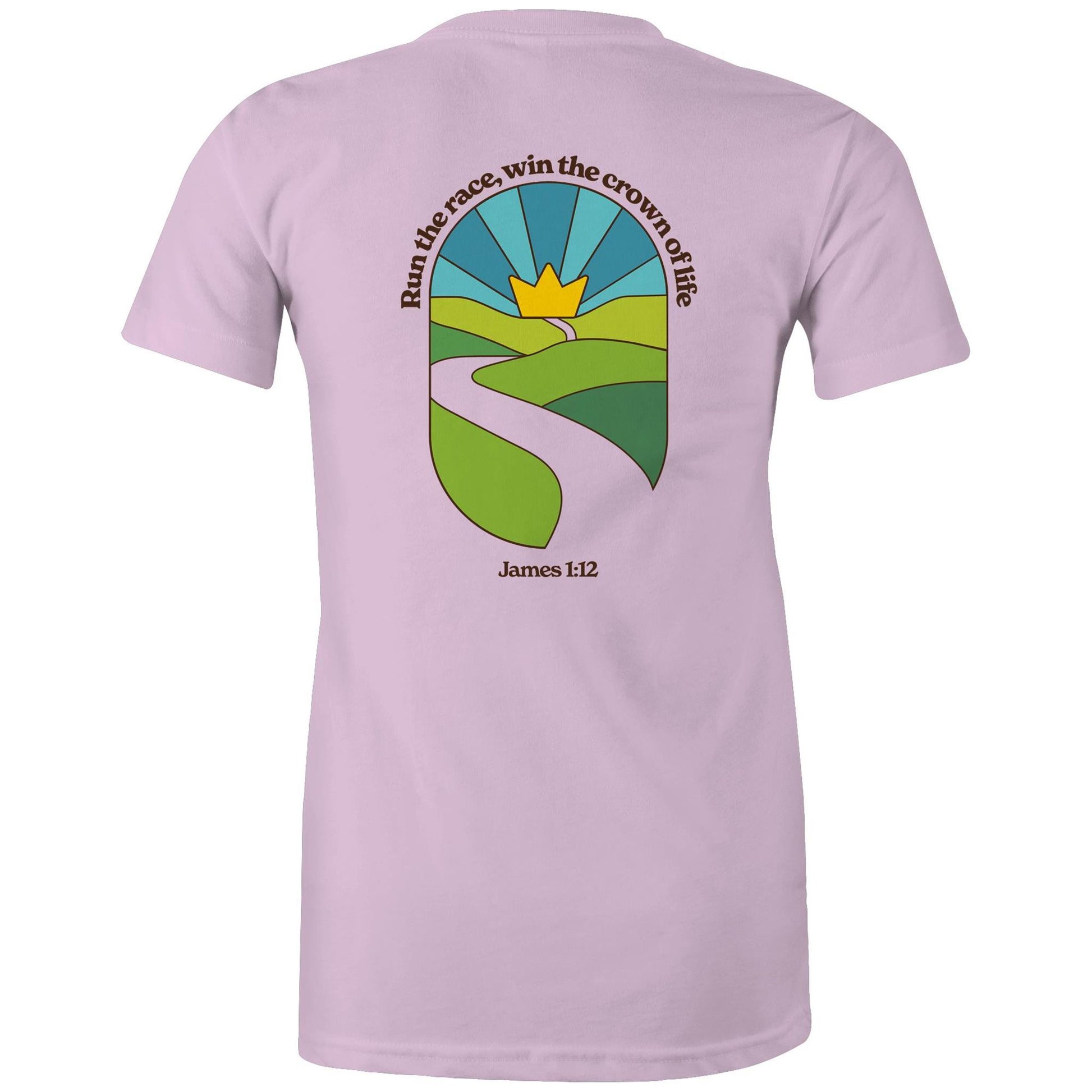 Christian graphic t-shirt featuring a stained-glass style illustration of rolling green hills leading into a golden crown in the sky, framed by the words “Run the race, win the crown of life” and James 1:12. Designed by Lighthouse Christian Clothing to inspire faith and perseverance.