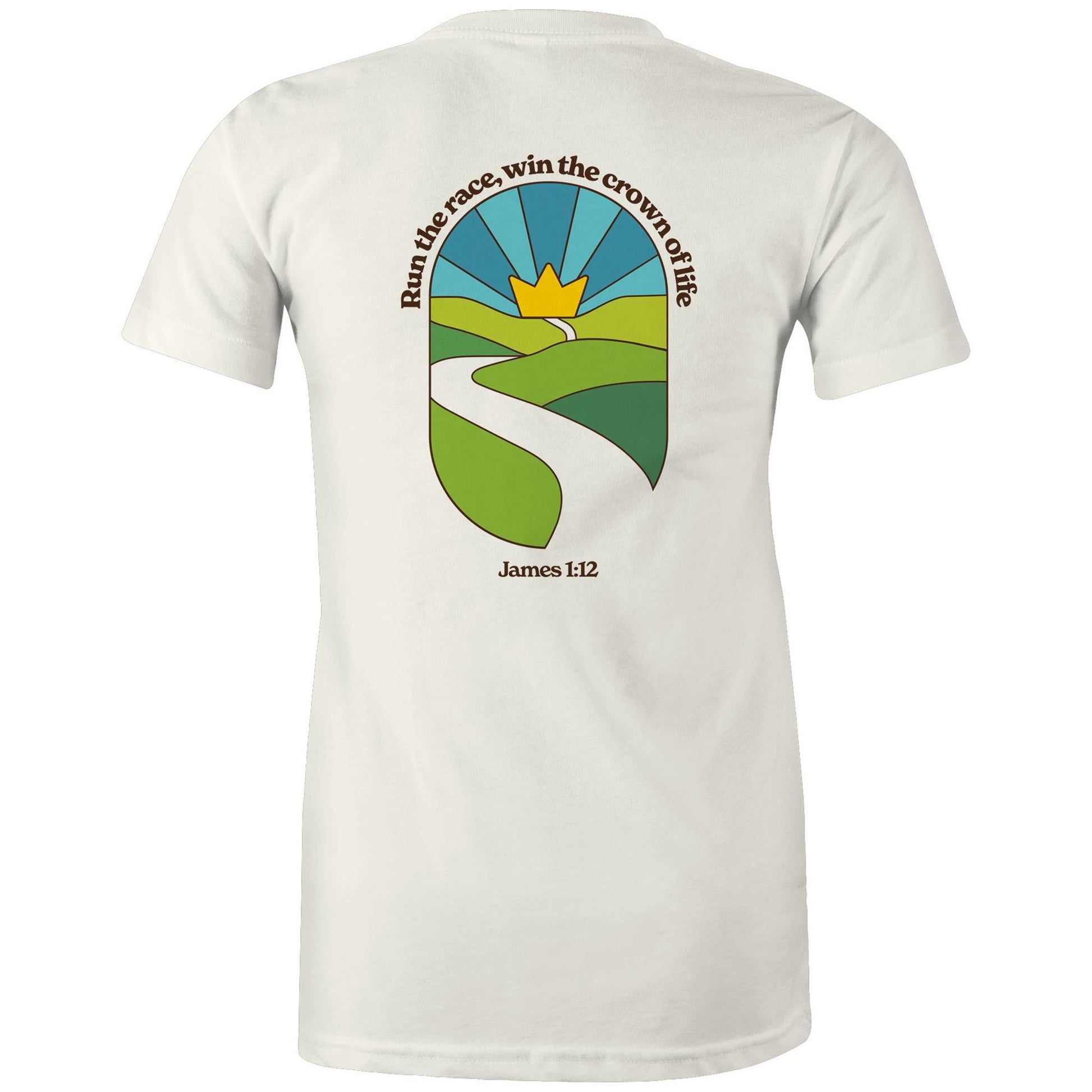 Christian graphic t-shirt featuring a stained-glass style illustration of rolling green hills leading into a golden crown in the sky, framed by the words “Run the race, win the crown of life” and James 1:12. Designed by Lighthouse Christian Clothing to inspire faith and perseverance.