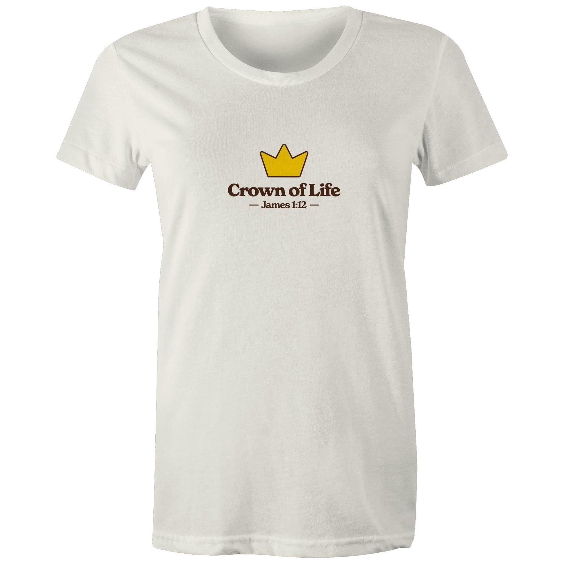 Christian t-shirt front featuring a golden crown and the words “Crown of Life – James 1:12” on the chest. A simple yet powerful design by Lighthouse Christian Clothing, pointing to eternal hope and reward.