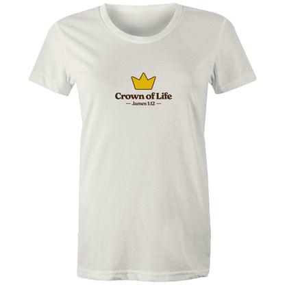 Christian t-shirt front featuring a golden crown and the words “Crown of Life – James 1:12” on the chest. A simple yet powerful design by Lighthouse Christian Clothing, pointing to eternal hope and reward.