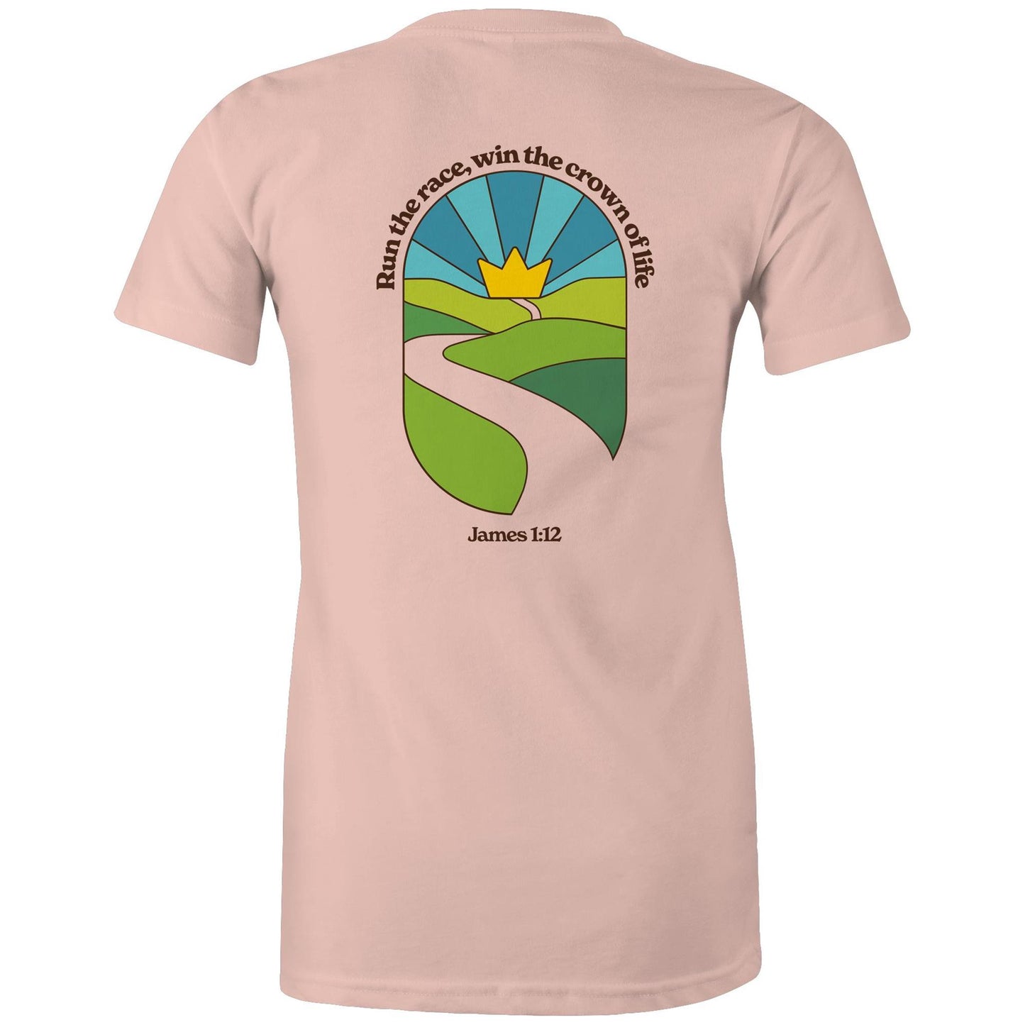 Christian graphic t-shirt featuring a stained-glass style illustration of rolling green hills leading into a golden crown in the sky, framed by the words “Run the race, win the crown of life” and James 1:12. Designed by Lighthouse Christian Clothing to inspire faith and perseverance.