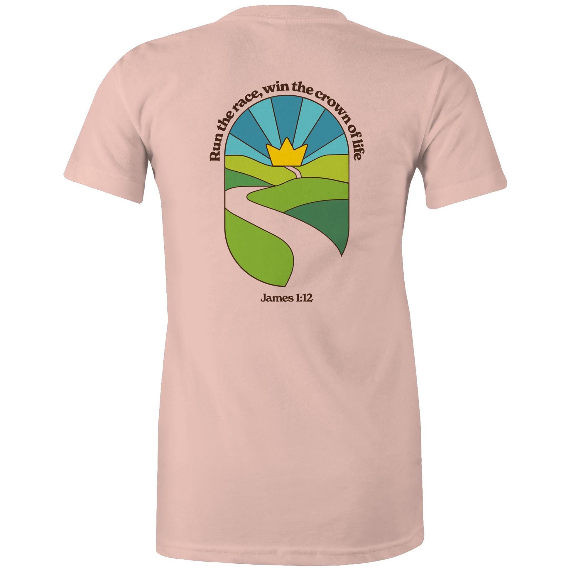 Christian graphic t-shirt featuring a stained-glass style illustration of rolling green hills leading into a golden crown in the sky, framed by the words “Run the race, win the crown of life” and James 1:12. Designed by Lighthouse Christian Clothing to inspire faith and perseverance.