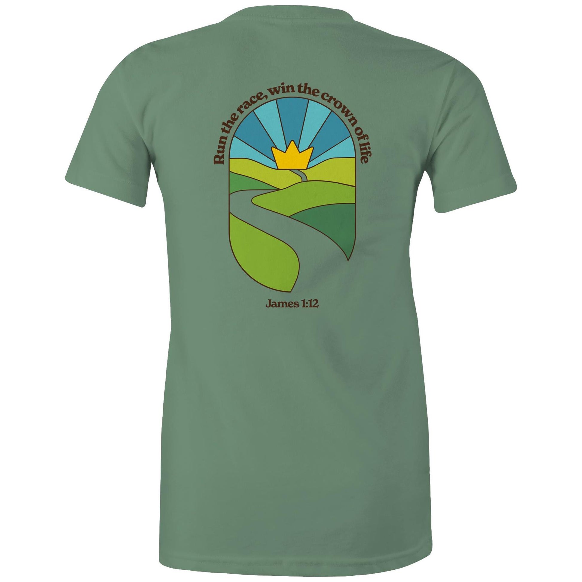 Christian graphic t-shirt featuring a stained-glass style illustration of rolling green hills leading into a golden crown in the sky, framed by the words “Run the race, win the crown of life” and James 1:12. Designed by Lighthouse Christian Clothing to inspire faith and perseverance.