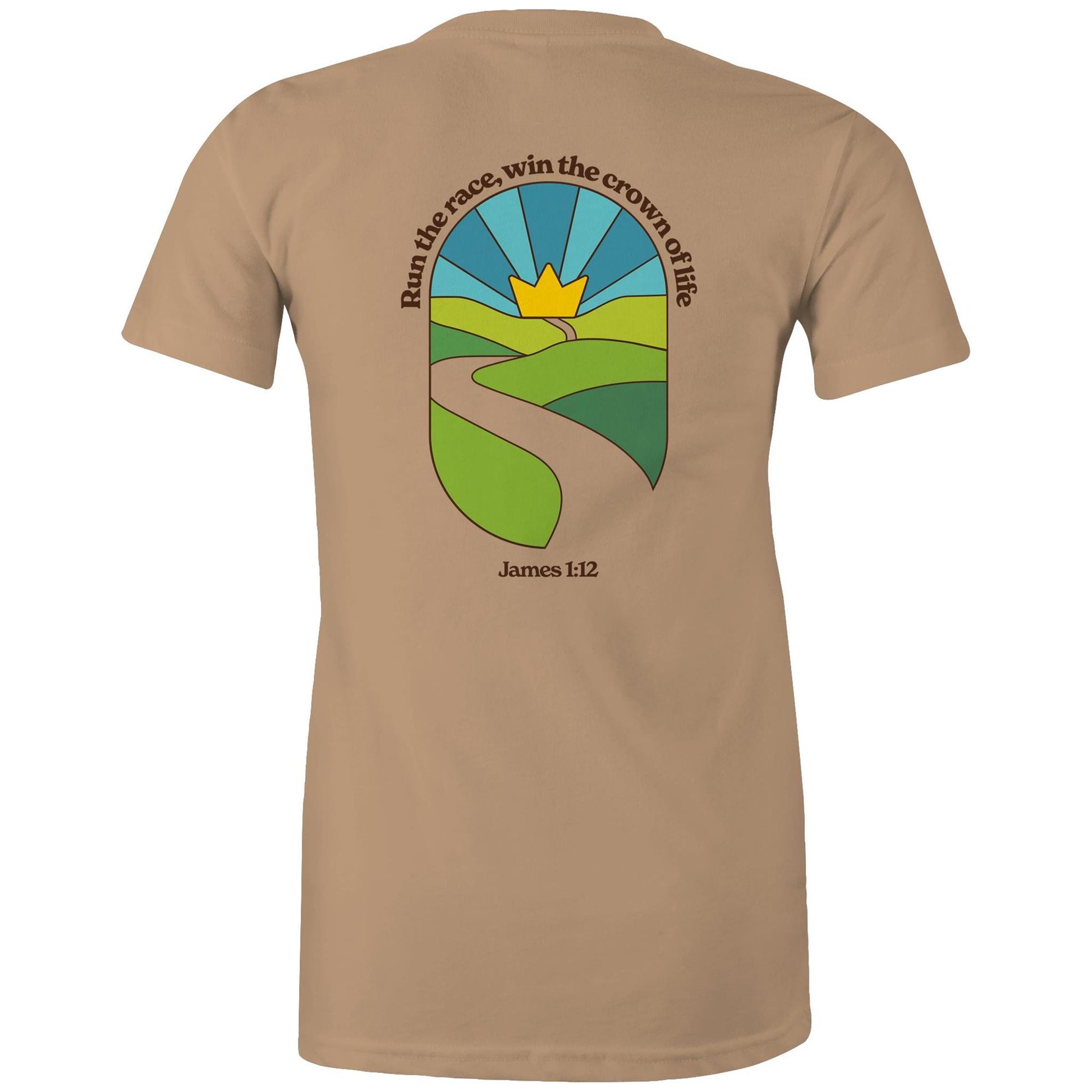 Christian graphic t-shirt featuring a stained-glass style illustration of rolling green hills leading into a golden crown in the sky, framed by the words “Run the race, win the crown of life” and James 1:12. Designed by Lighthouse Christian Clothing to inspire faith and perseverance.