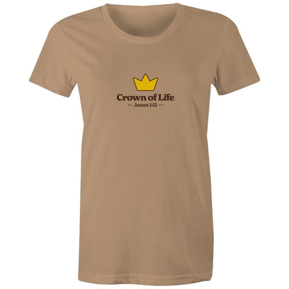 Christian t-shirt front featuring a golden crown and the words “Crown of Life – James 1:12” on the chest. A simple yet powerful design by Lighthouse Christian Clothing, pointing to eternal hope and reward.