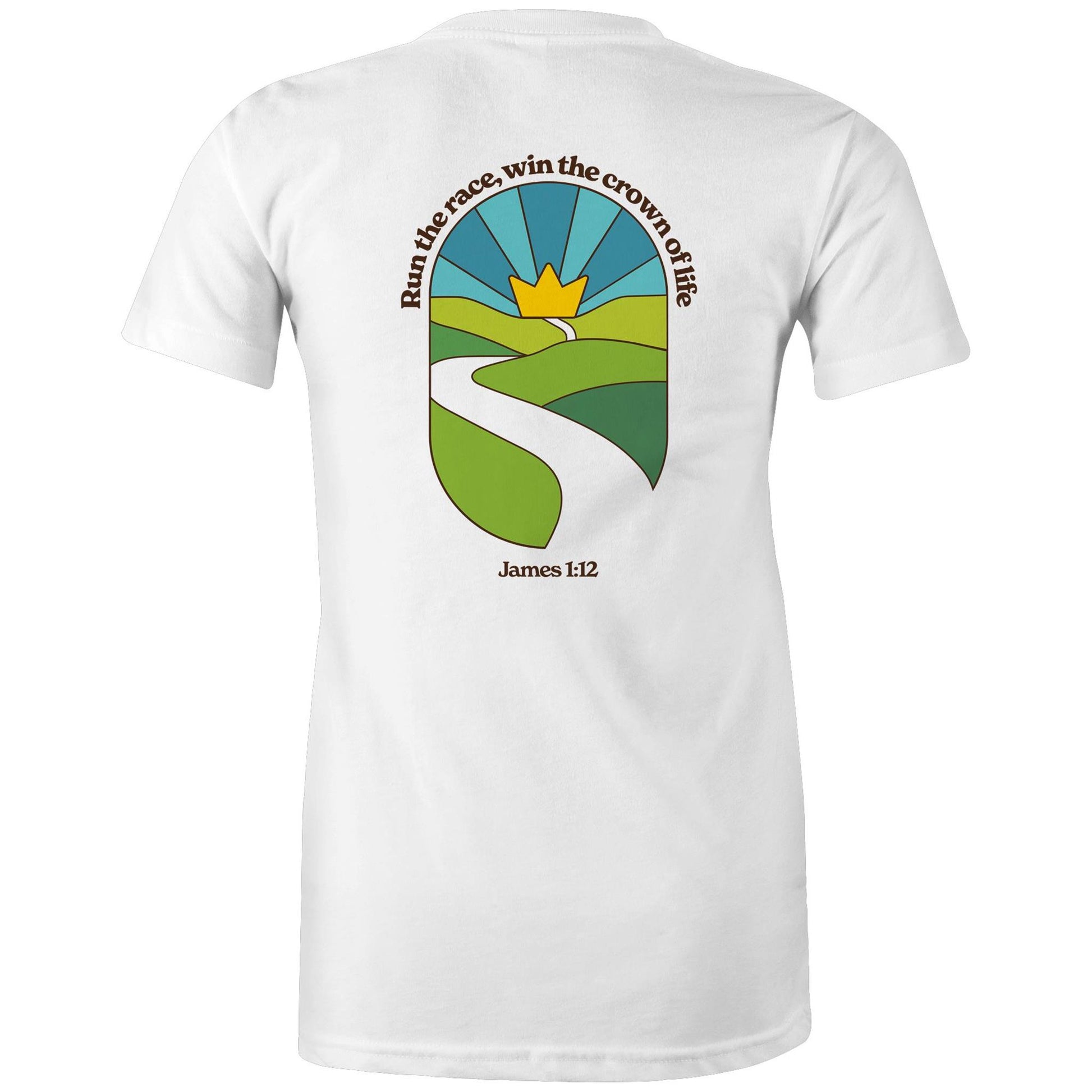 Christian graphic t-shirt featuring a stained-glass style illustration of rolling green hills leading into a golden crown in the sky, framed by the words “Run the race, win the crown of life” and James 1:12. Designed by Lighthouse Christian Clothing to inspire faith and perseverance.