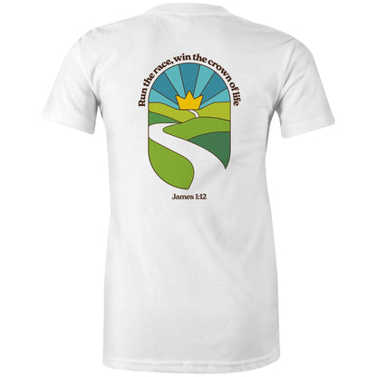 Christian graphic t-shirt featuring a stained-glass style illustration of rolling green hills leading into a golden crown in the sky, framed by the words “Run the race, win the crown of life” and James 1:12. Designed by Lighthouse Christian Clothing to inspire faith and perseverance.
