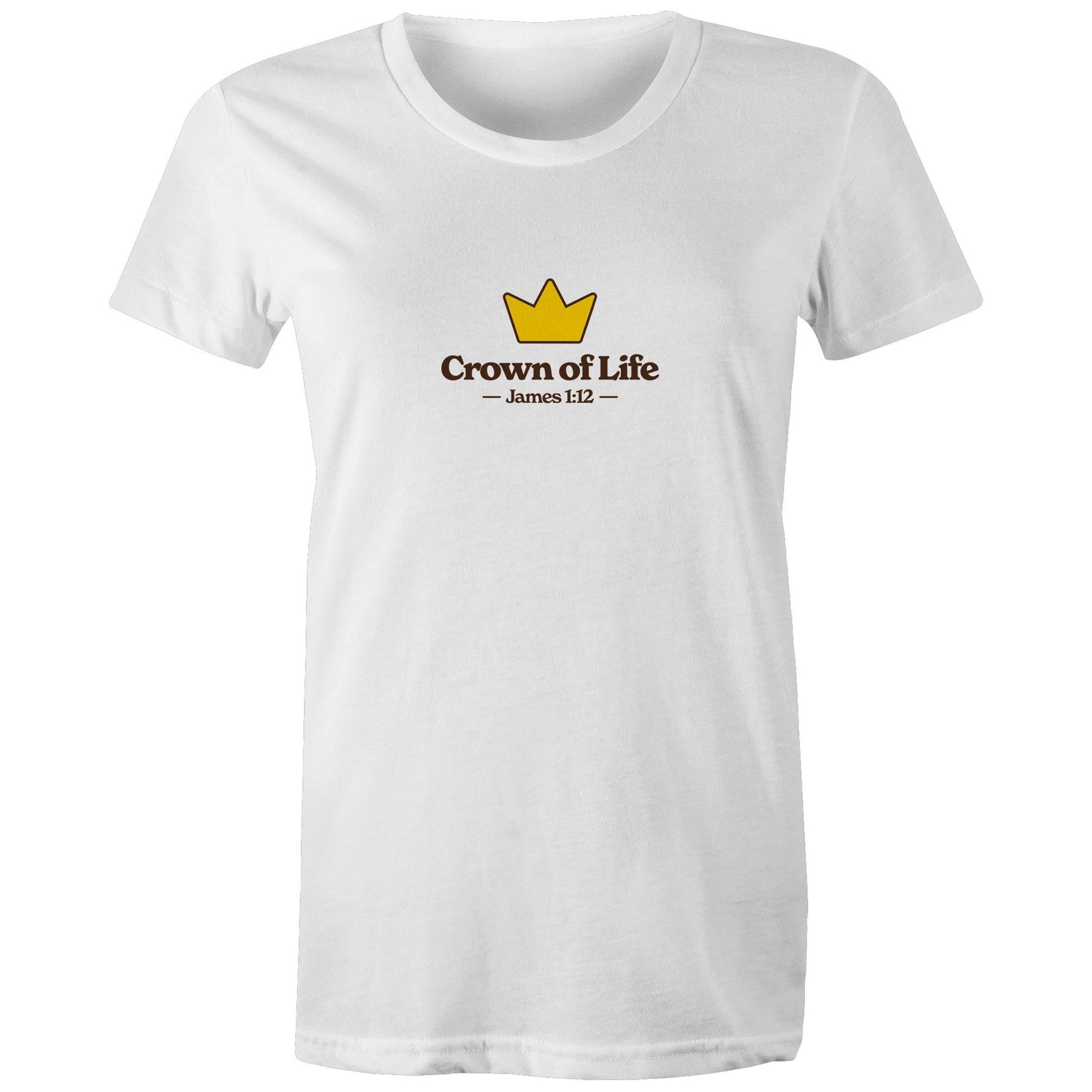 Christian t-shirt front featuring a golden crown and the words “Crown of Life – James 1:12” on the chest. A simple yet powerful design by Lighthouse Christian Clothing, pointing to eternal hope and reward.