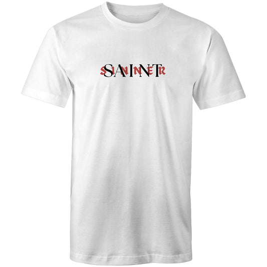 Christian t-shirt with bold SAINT/SINNER text graphic — red and black typographic design representing grace and identity in Christ, by Lighthouse Christian Clothing.