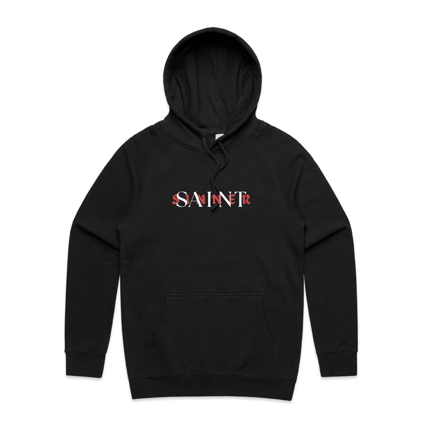 Christian hoodie featuring SAINT/SINNER typographic design in bold red and white — gospel-inspired message of grace and identity, from Lighthouse Christian Clothing.