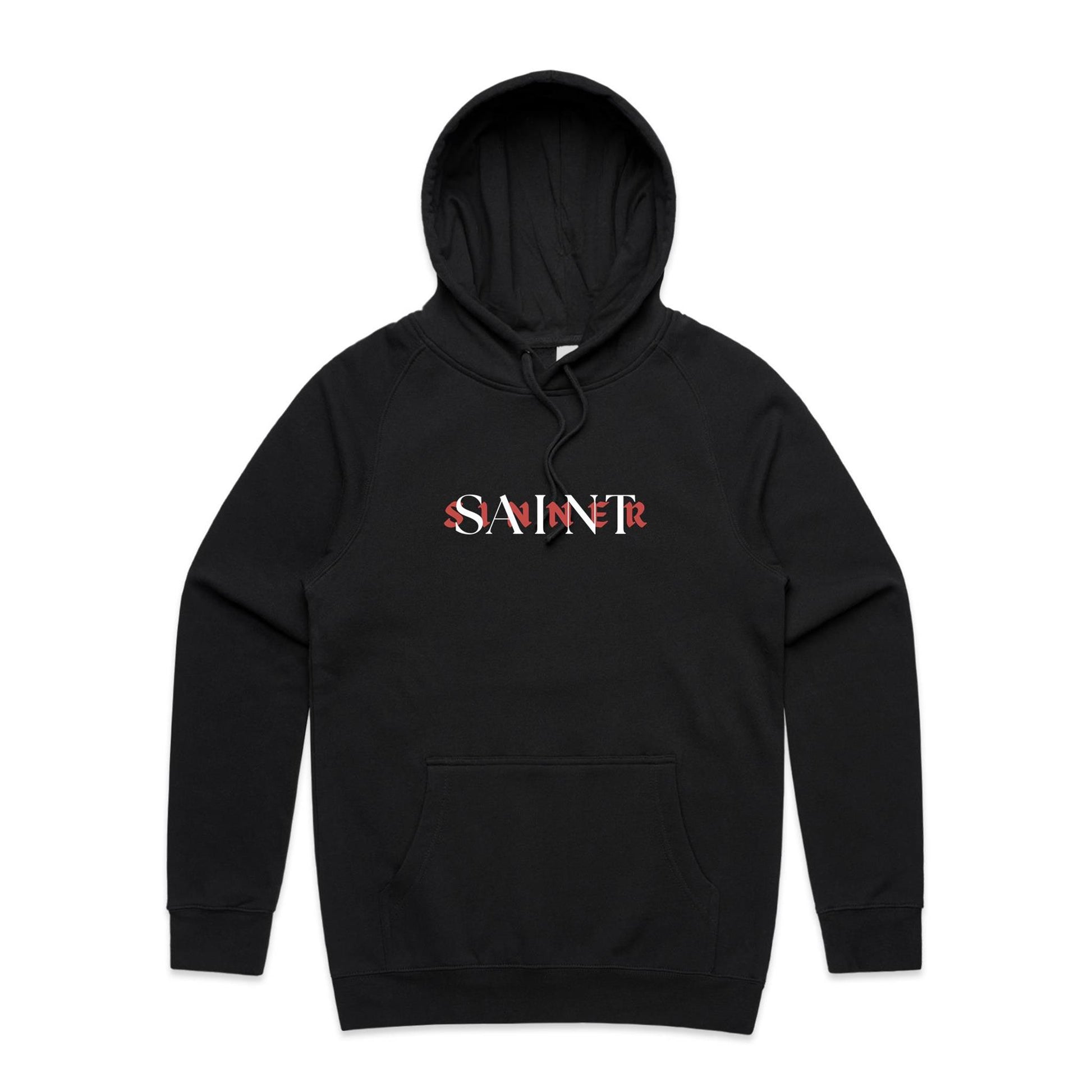 Christian hoodie featuring SAINT/SINNER typographic design in bold red and white — gospel-inspired message of grace and identity, from Lighthouse Christian Clothing.