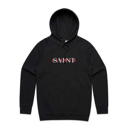 Christian hoodie featuring SAINT/SINNER typographic design in bold red and white — gospel-inspired message of grace and identity, from Lighthouse Christian Clothing.
