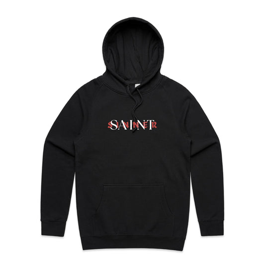 Christian hoodie featuring SAINT/SINNER typographic design in bold red and white — gospel-inspired message of grace and identity, from Lighthouse Christian Clothing.