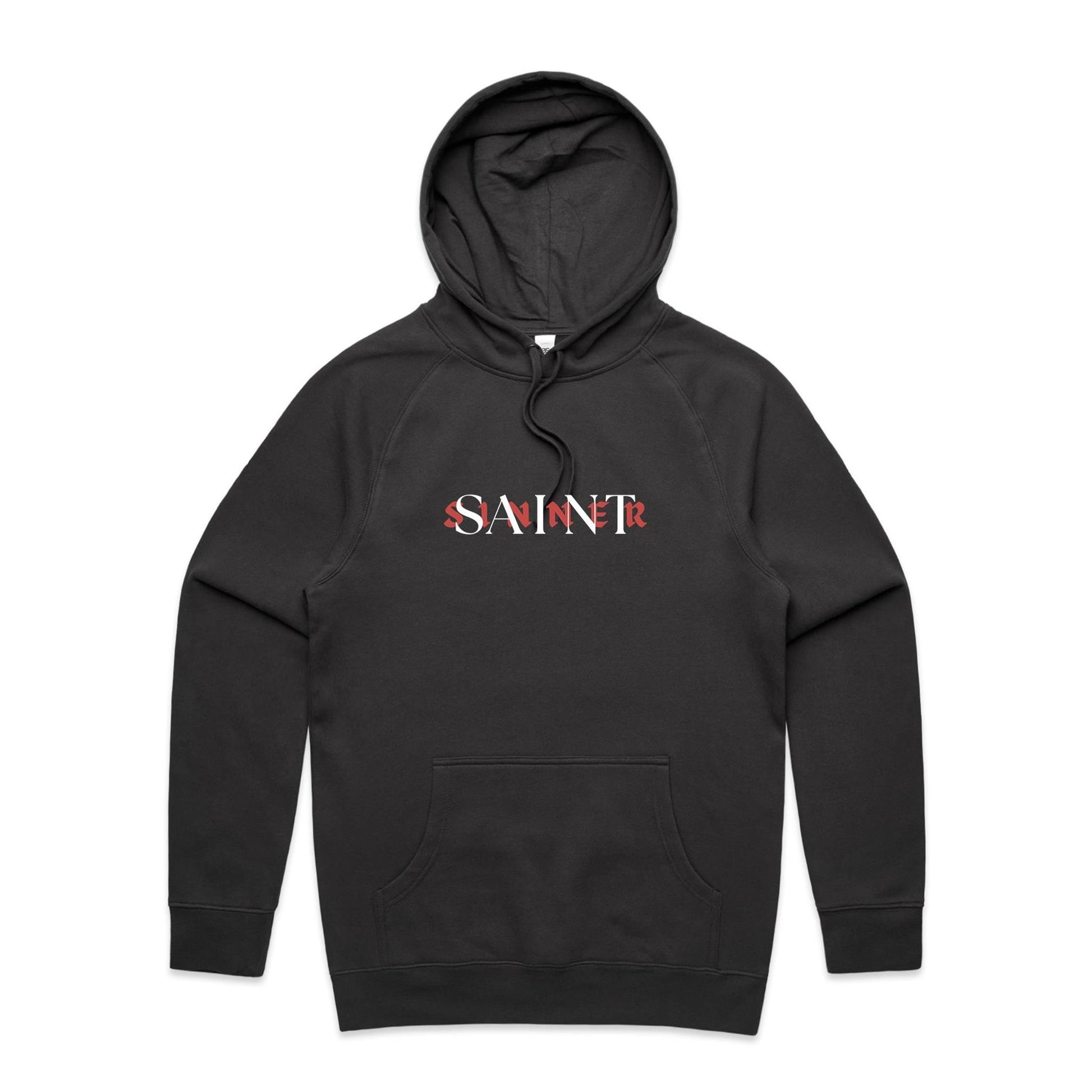 Christian hoodie featuring SAINT/SINNER typographic design in bold red and white — gospel-inspired message of grace and identity, from Lighthouse Christian Clothing.