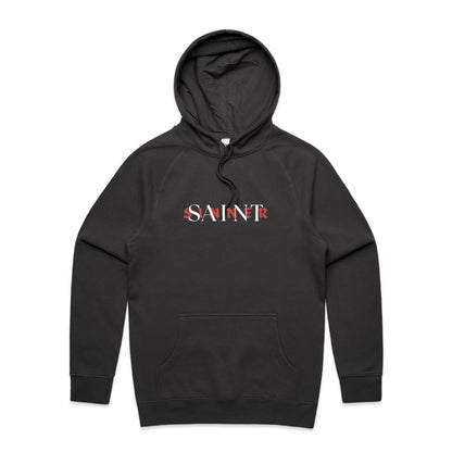 Christian hoodie featuring SAINT/SINNER typographic design in bold red and white — gospel-inspired message of grace and identity, from Lighthouse Christian Clothing.