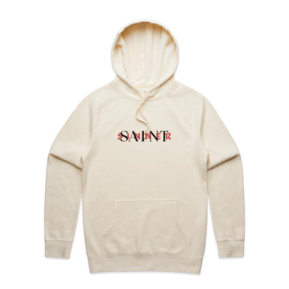 Christian hoodie featuring SAINT/SINNER typographic design in bold red and black — gospel-inspired message of grace and identity, from Lighthouse Christian Clothing.