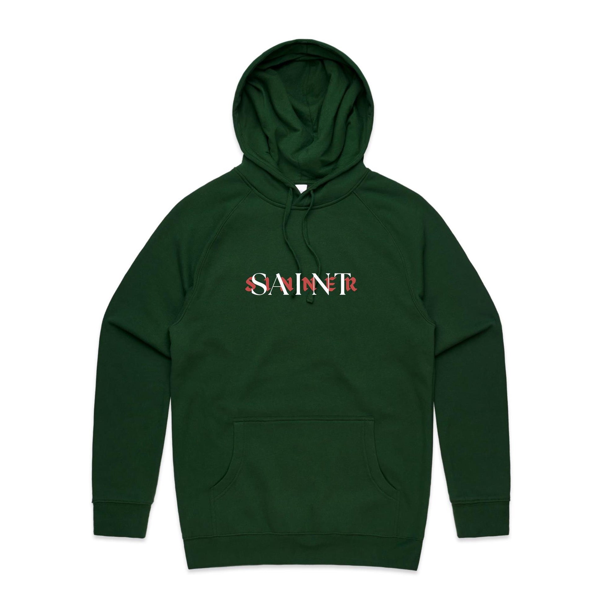Christian hoodie featuring SAINT/SINNER typographic design in bold red and white — gospel-inspired message of grace and identity, from Lighthouse Christian Clothing.