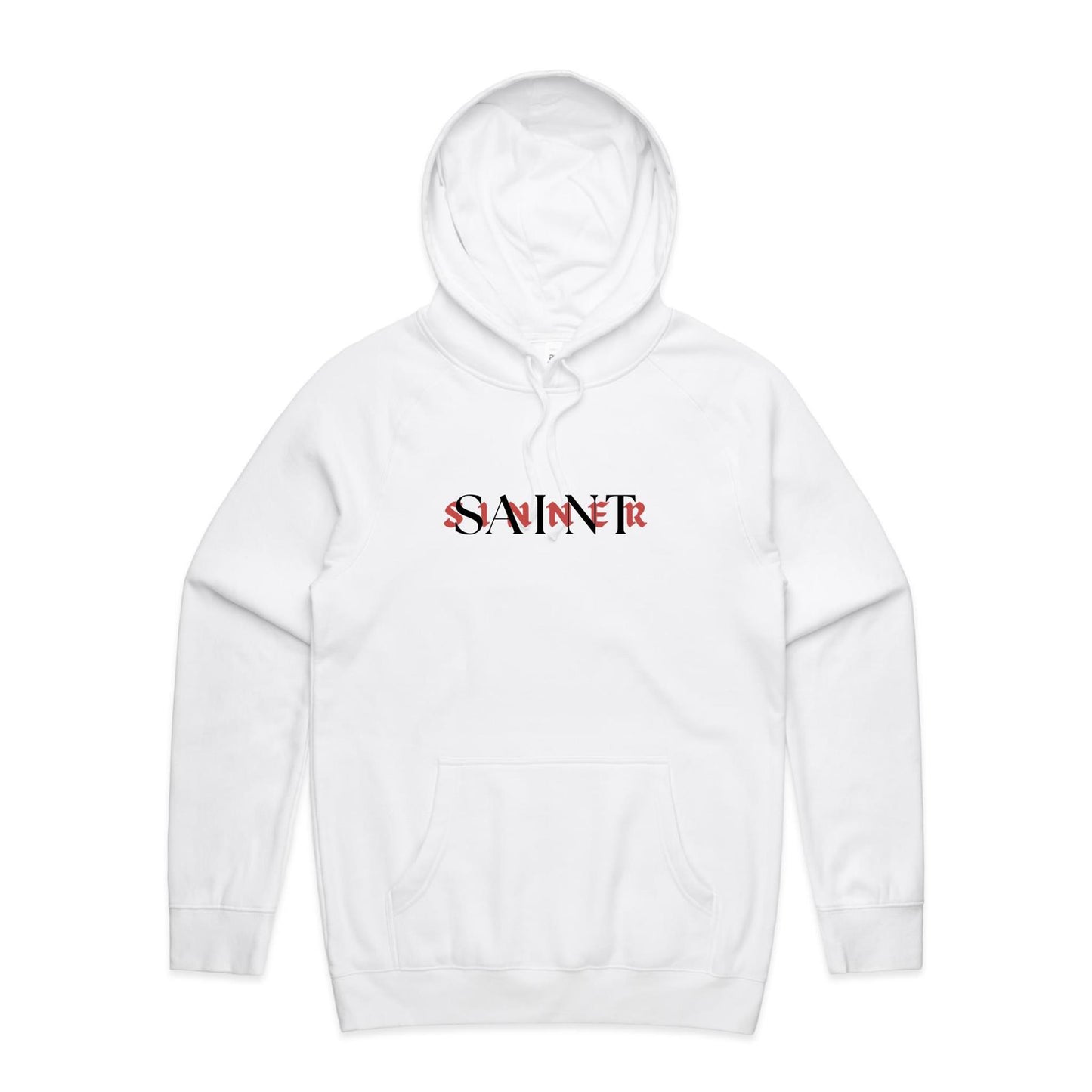 Christian hoodie featuring SAINT/SINNER typographic design in bold red and black — gospel-inspired message of grace and identity, from Lighthouse Christian Clothing.