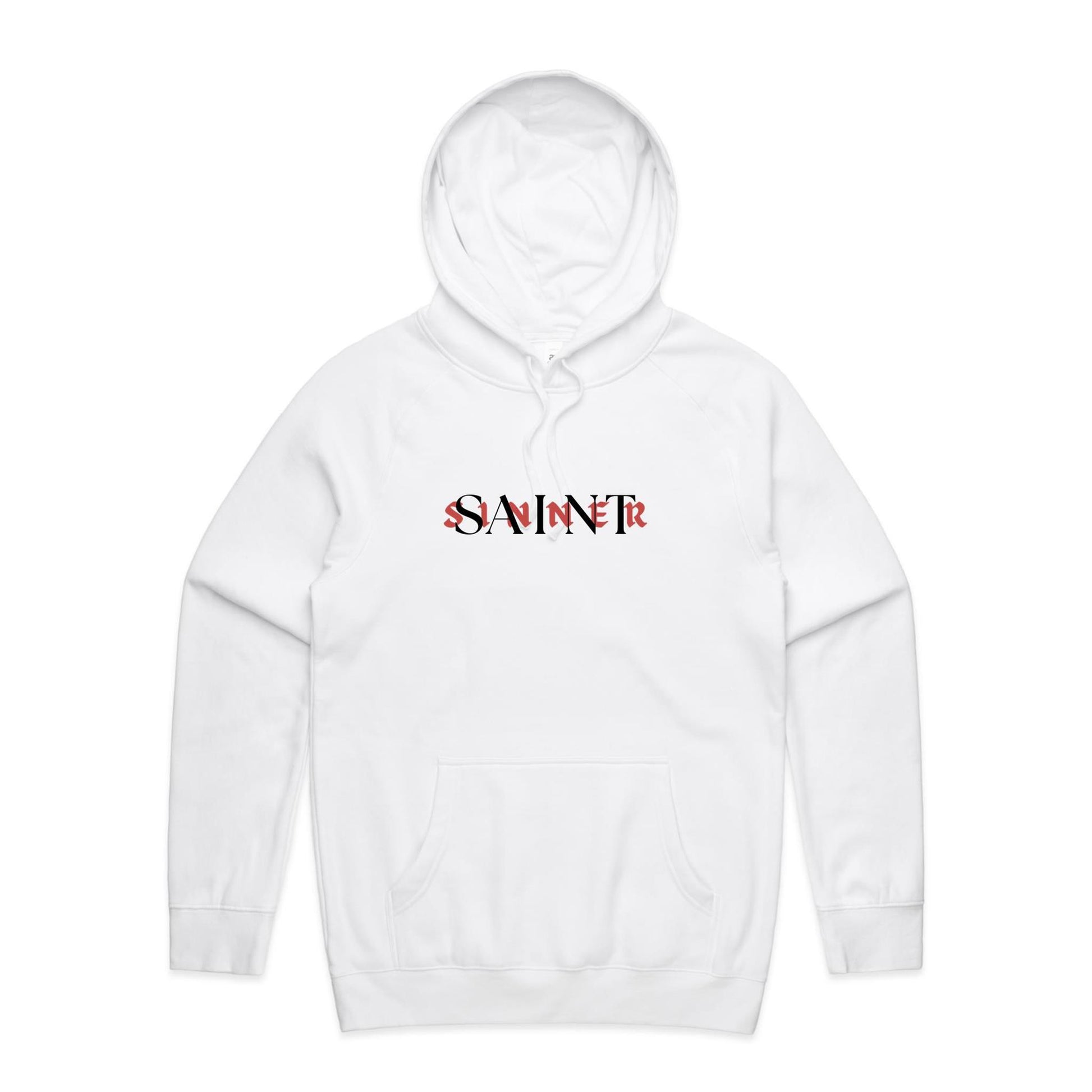Christian hoodie featuring SAINT/SINNER typographic design in bold red and black — gospel-inspired message of grace and identity, from Lighthouse Christian Clothing.