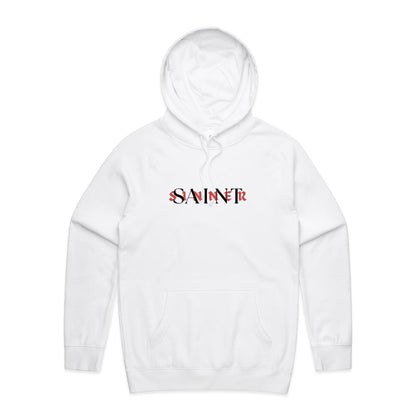 Christian hoodie featuring SAINT/SINNER typographic design in bold red and black — gospel-inspired message of grace and identity, from Lighthouse Christian Clothing.