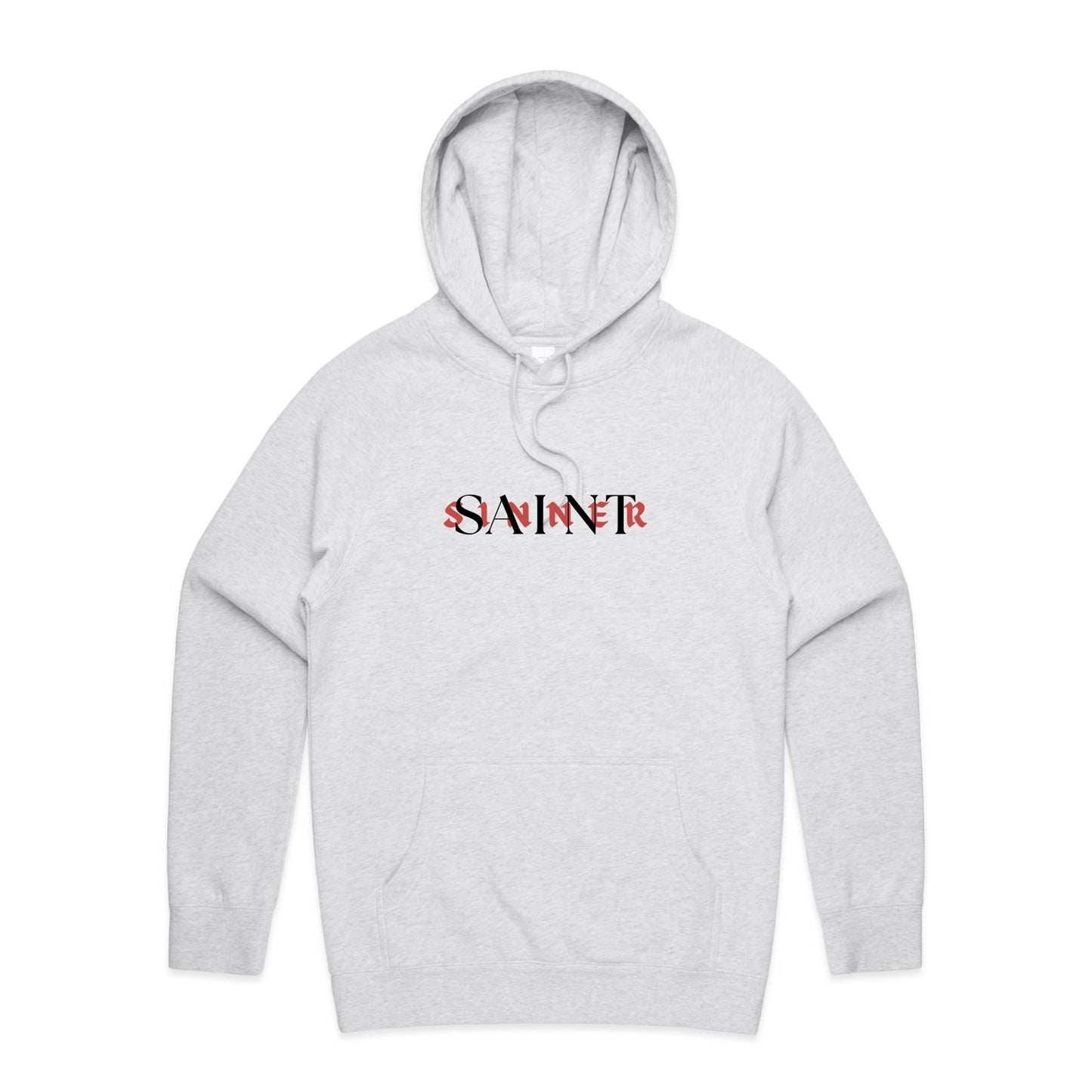 Christian hoodie featuring SAINT/SINNER typographic design in bold red and black — gospel-inspired message of grace and identity, from Lighthouse Christian Clothing.