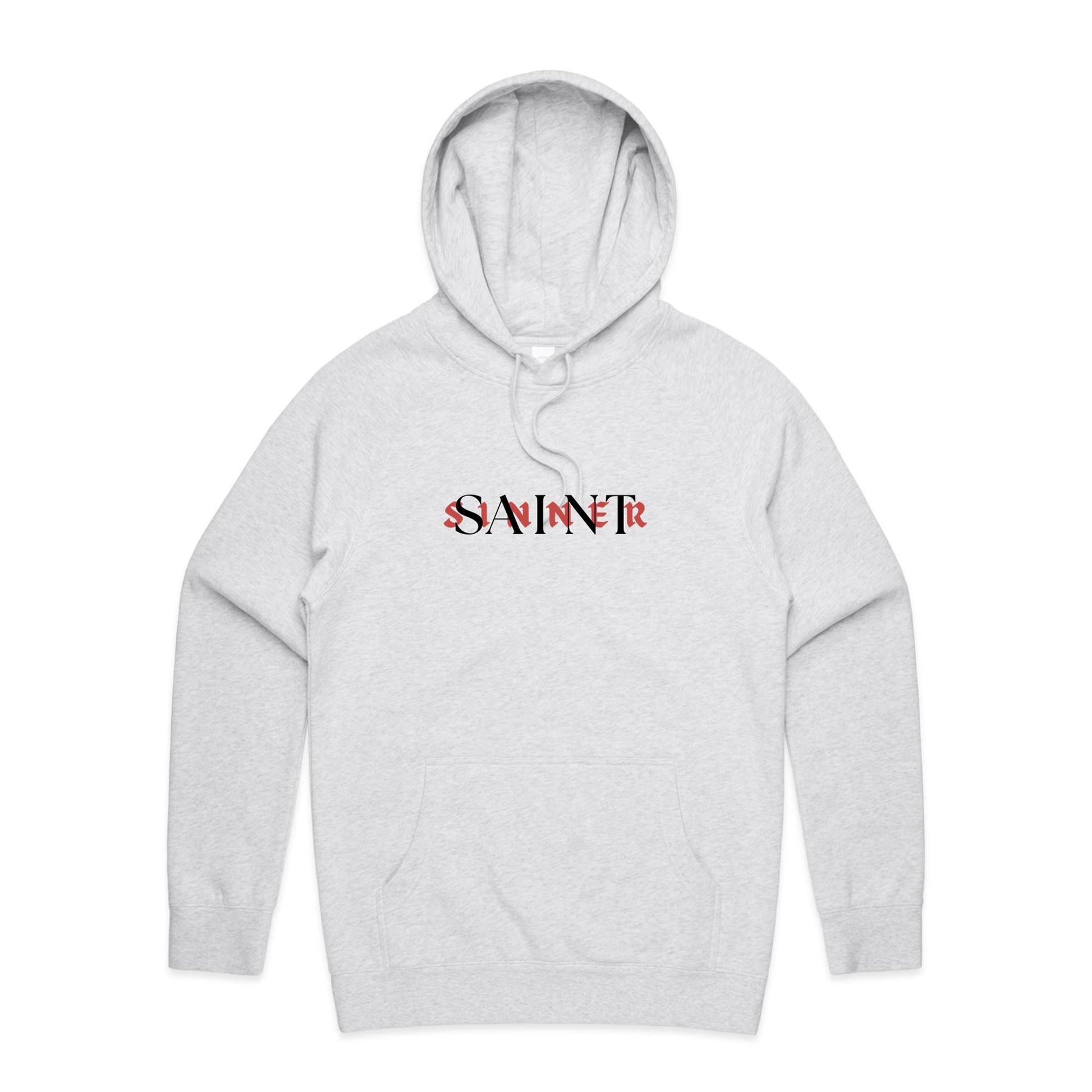Christian hoodie featuring SAINT/SINNER typographic design in bold red and black — gospel-inspired message of grace and identity, from Lighthouse Christian Clothing.